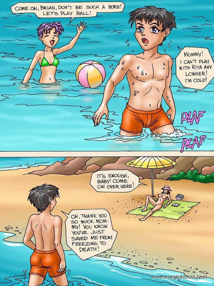 Threesome in the nude beach porn comic picture 2